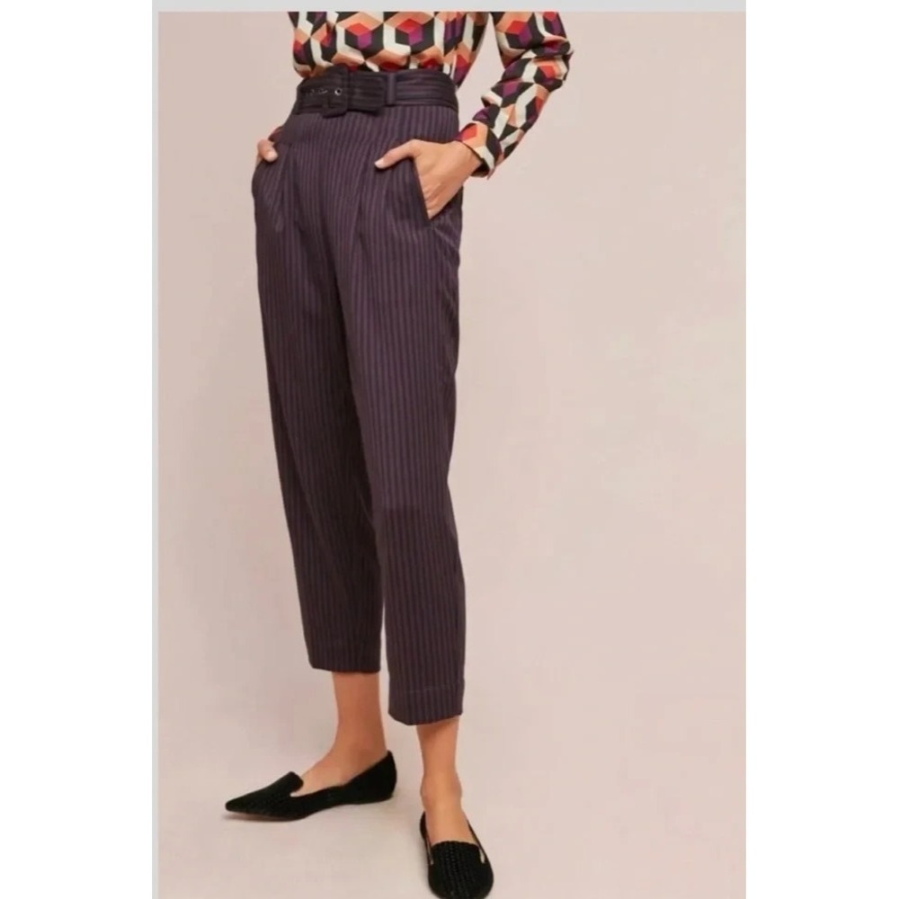 Cartonnier x Anthropologie Linework High Rise Pleated Striped Belted Trouser 0